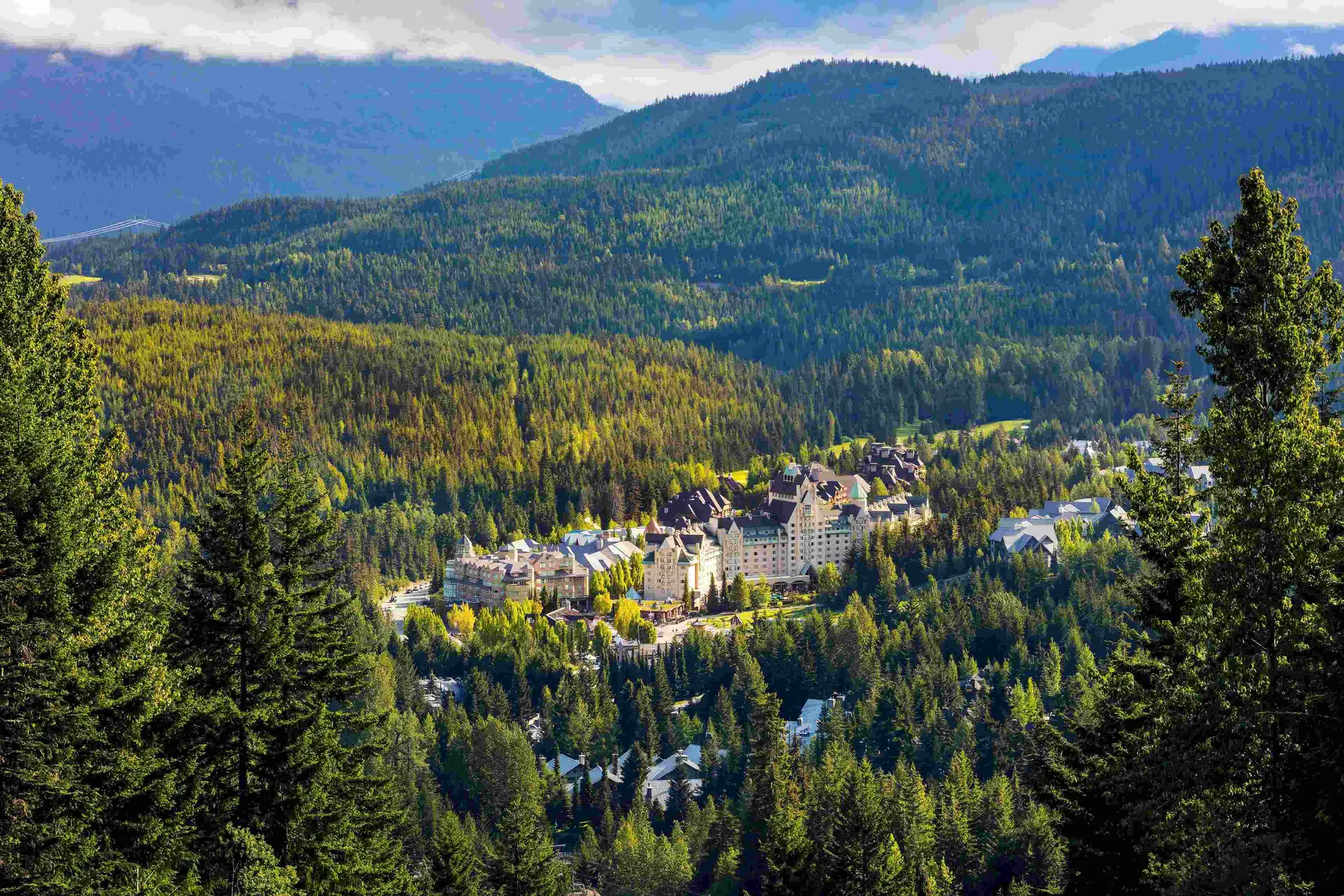 Aerial view of Fairmont hotel in Whistler in forest