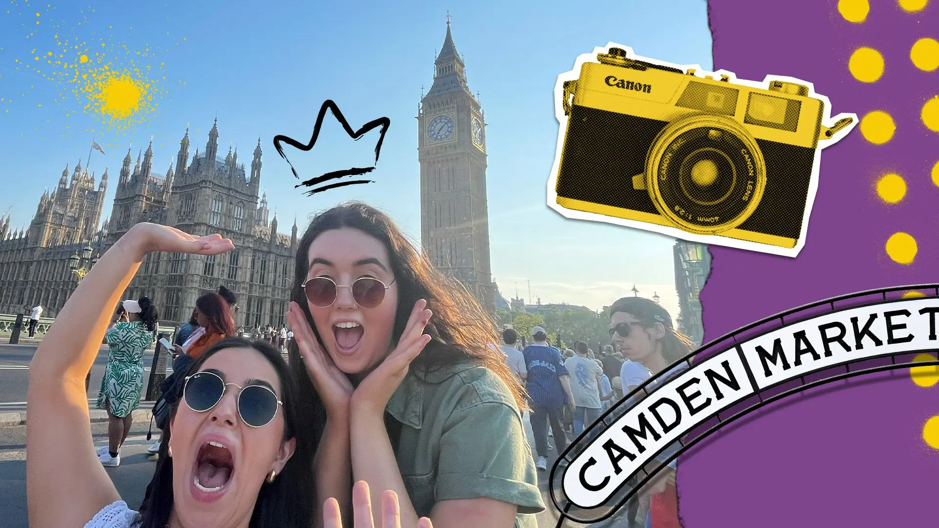 Two girls posing in front of Big Ben in the sunshine