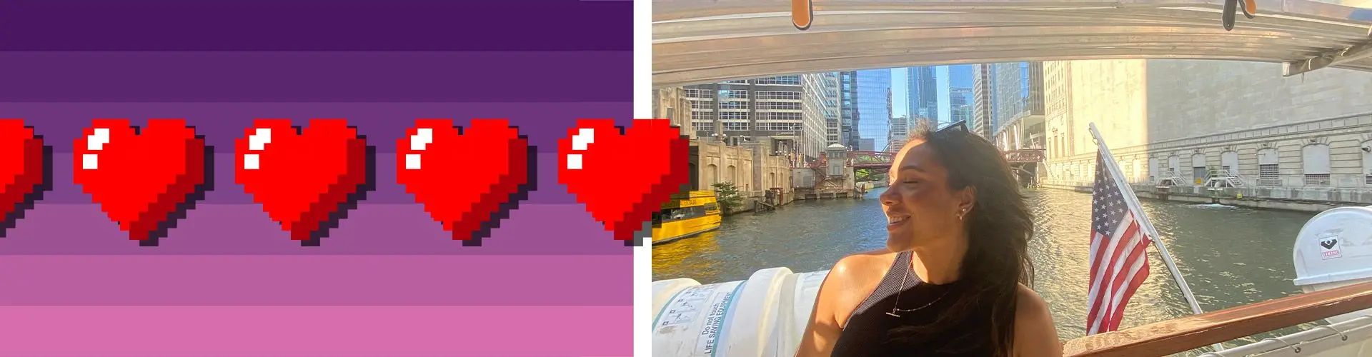 Red hearts come from the left on a purple pixelated background. Girl pose for picture on river.