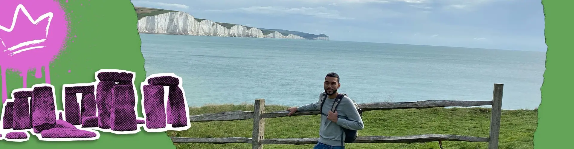 Man stands in front of a sea side cliff in the UK with green paper edges and a pink spray on the left.