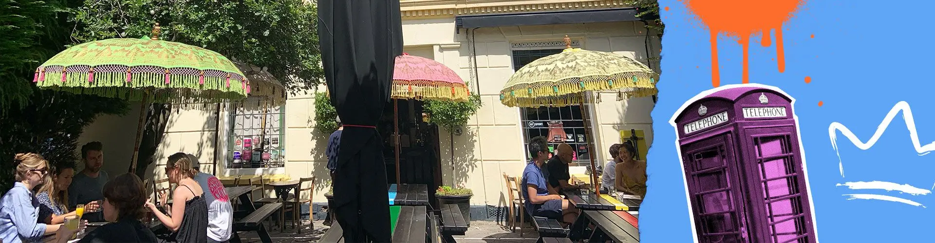 People sit outside on sunny day with blue paper and orange design imposed on right side