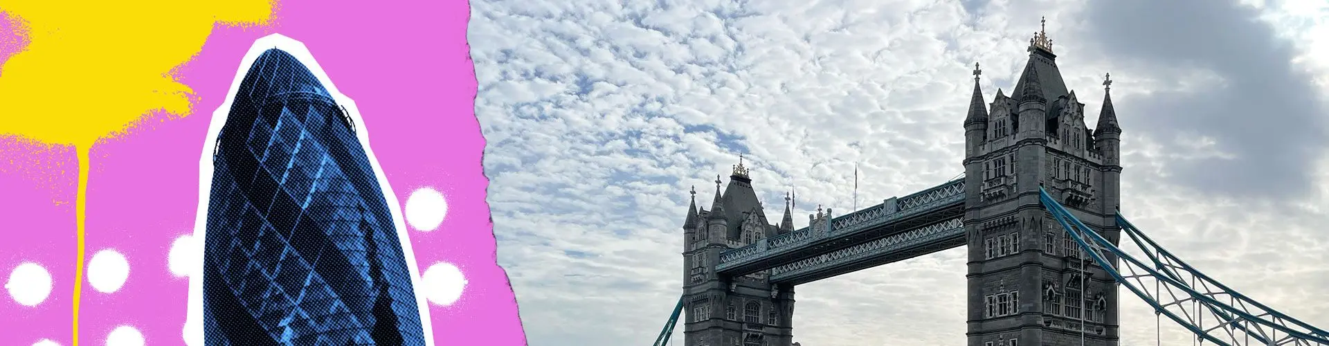 Tower bridge with pink and yellow designs super imposed onto the photo