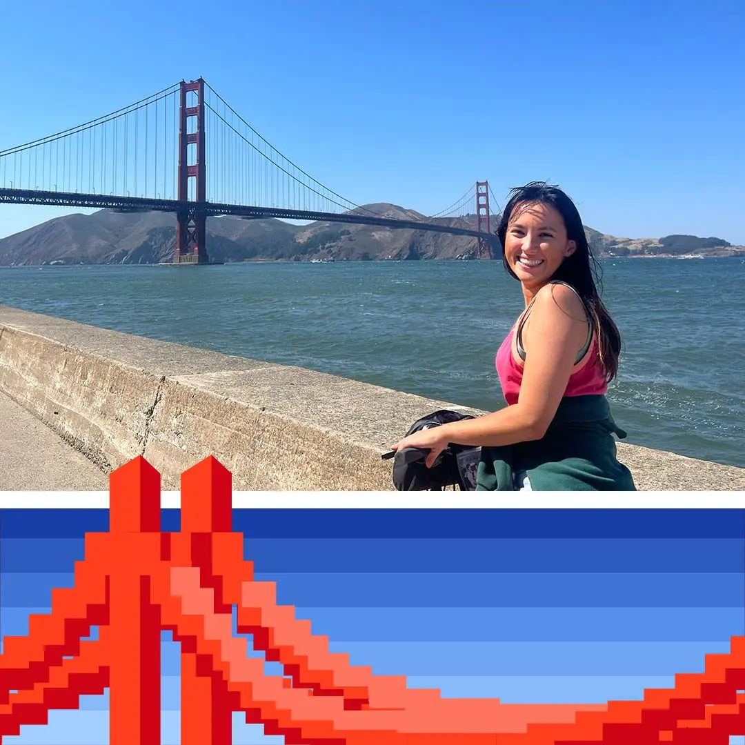 Girl poses with bike and Golden Gate Bridge in background on sunny day. Illustration of Golden Gate bridge at bottom.